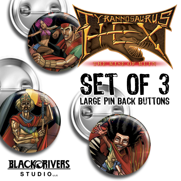 Tyrannosaurus Hex 3 Large Pin Back Button Set